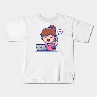 Girl Operating Laptop And Calling By Phone Kids T-Shirt